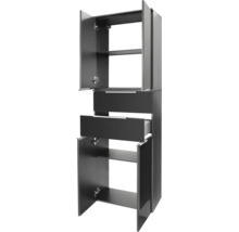 Armoire haute de couleur anthracite avec portes et tiroirs ouverts, équipée de plusieurs étagères pour un espace de rangement polyvalent.