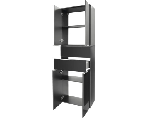 Armoire haute de couleur anthracite avec portes et tiroirs ouverts, équipée de plusieurs étagères pour un espace de rangement polyvalent.
