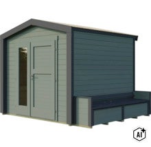 Abri de jardin en bois avec banc intégré et porte double vitrée pour extérieur (Image AI modified or generated)