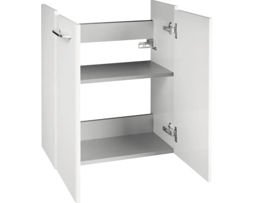 Weißer Waschtischunterschrank mit zwei Türen, einem Einlegeboden und Metallgriff.