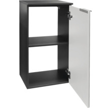 Oberschrank mit einem Tablar und geöffneter Türe, Korpus Anthrazit, Front Weiss.
