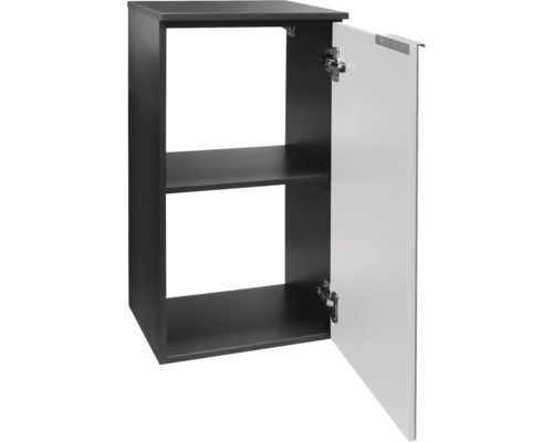 Oberschrank mit einem Tablar und geöffneter Türe, Korpus Anthrazit, Front Weiss.