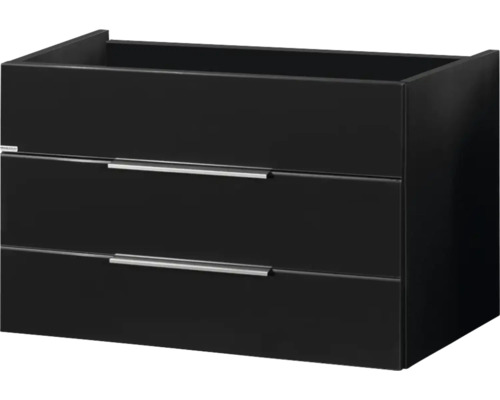 Waschbeckenunterschrank mit zwei Schubladen und silberfarbenen Griffleisten in Schwarz.