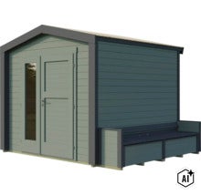 Abri de jardin en bois avec banc intégré et double porte vitrée pour extérieur (Image AI modified or generated)