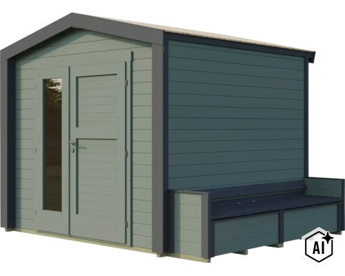 Abri de jardin en bois avec banc intégré et double porte vitrée pour extérieur (Image AI modified or generated)