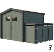 Abri de jardin en bois avec porte double et appentis pour vélos ou poubelles. (Image AI modified or generated)
