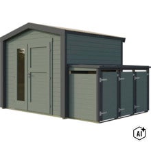 Abri de jardin en bois avec appentis intégré, double porte vitrée et toit en pente pour le rangement des outils de jardin en extérieur. (Image AI modified or generated)