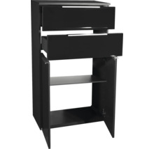 Schwarzer Badezimmer-Unterschrank mit zwei geöffneten Schubladen und zwei offenen Türen, die ein Innenfach mit Regalboden zeigen.