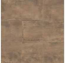 Quadratische Feinsteinzeugfliesen in brauner Metalloptik und Betonoptik für Wand und Boden.