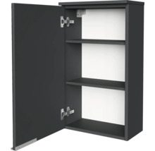 Armoire murale avec une porte ouverte, deux étagères, extérieur anthracite et intérieur blanc.