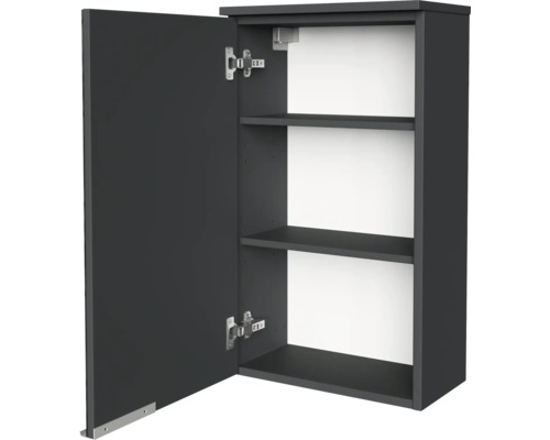 Armoire murale avec une porte ouverte, deux étagères, extérieur anthracite et intérieur blanc.