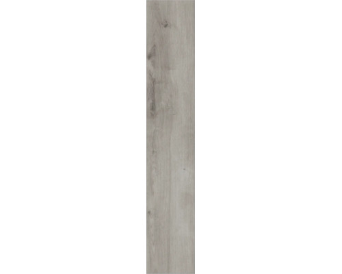 Lame de sol stratifié aspect bois gris avec nœuds et veinures.