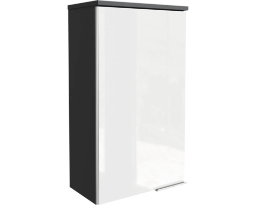 Armoire murale de salle de bains avec façade blanc brillant et corps sombre, design minimaliste avec poignée profilée en bas.
