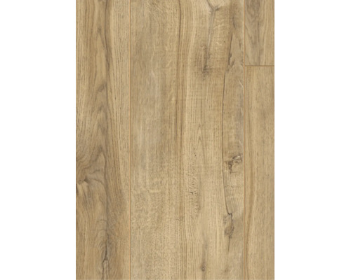 Revêtement de sol stratifié décor chêne avec surface en bois structuré et nœuds visibles.