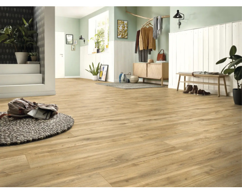 Sol stratifié clair aspect bois dans un hall spacieux avec lambris blancs, murs verts, banc en bois et plantes d intérieur.