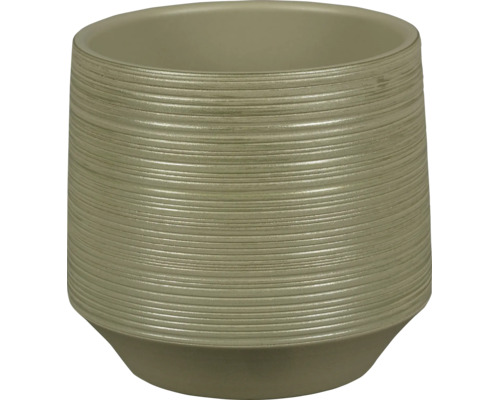 Cache-pot en céramique beige avec texture striée horizontale.