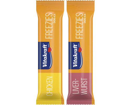 Vitakraft Freezies Hunde-Eis in den Geschmacksrichtungen Huhn und Leberwurst.