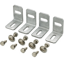 Set aus vier Winkelverbindern aus Metall mit Langlöchern, vier Schraubbolzen mit Muttern und vier Schrauben.