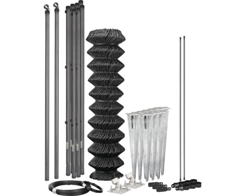 Kit de clôture grillagée comprenant un rouleau de grillage, des poteaux de clôture, des douilles de sol, du fil de tension et des accessoires.