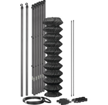 Kit complet de clôture grillagée avec poteaux, jambes de force, grillage et accessoires de montage en anthracite.