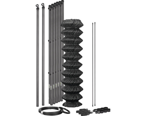 Kit complet de clôture grillagée avec poteaux, jambes de force, grillage et accessoires de montage en anthracite.