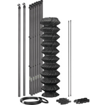 Kit de clôture grillagée anthracite incluant grillage, poteaux, fil de tension, barres de tension et accessoires de montage.