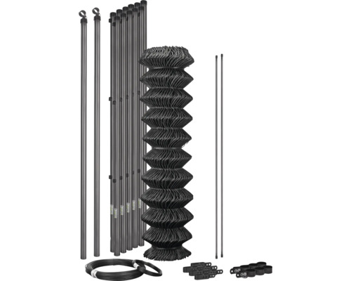 Kit de clôture grillagée anthracite incluant grillage, poteaux, fil de tension, barres de tension et accessoires de montage.