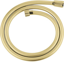 Brauseschlauch in Goldoptik mit Metallanschlüssen, aufgerollt.