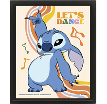 Poster encadré avec le personnage Disney Stitch en train de danser, des lignes ondulées colorées, le texte Lets Dance et Disney Logo.