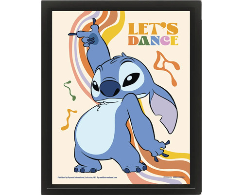 Poster encadré avec le personnage Disney Stitch en train de danser, des lignes ondulées colorées, le texte Lets Dance et Disney Logo.
