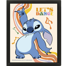 Poster encadré avec le personnage Disney Stitch, texte Let's Dance et motif de vagues rétro.