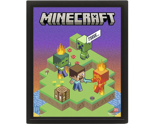 Tableau mural Minecraft encadré avec Steve, Creeper, Zombie et table de craft en style pixel