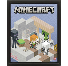Poster Minecraft encadré avec les personnages Alex, Enderman, Creeper et un squelette dans une scène de jeu isométrique.
