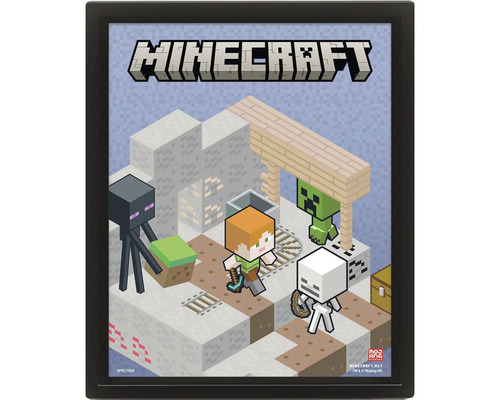 Poster Minecraft encadré avec les personnages Alex, Enderman, Creeper et un squelette dans une scène de jeu isométrique.