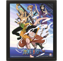 Poster lenticulaire 3D One Piece avec les personnages Luffy, Zoro, Nami et Robin dans un cadre noir avec logo One Piece.