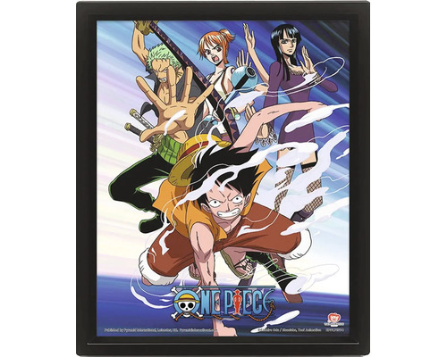 Poster lenticulaire 3D One Piece avec les personnages Luffy, Zoro, Nami et Robin dans un cadre noir avec logo One Piece.