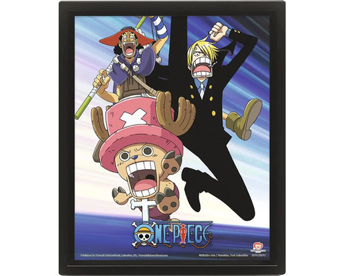 Poster tridimensionnel One Piece avec les personnages Usopp, Sanji et Chopper dans un cadre noir.