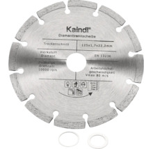 Disque à tronçonner diamanté Kaindl pour coupe à sec, 125 par 1,7 par 22,2 millimètres, pour marbre, granit, clinker et brique, avec deux bagues de réduction.