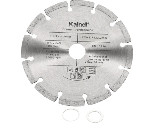 Disque à tronçonner diamanté Kaindl pour coupe à sec, 125 par 1,7 par 22,2 millimètres, pour marbre, granit, clinker et brique, avec deux bagues de réduction.