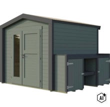 Abri de jardin en bois avec double porte et annexe intégrée pour outils (Image AI modified or generated)