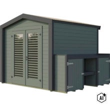 Abri de jardin en bois avec porte double et extension latérale pour espace de rangement supplémentaire comme abri pour outils. (Image AI modified or generated)