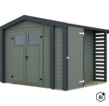 Abri de jardin moderne en bois avec double porte, fenêtres et annexe latérale pour le rangement. (Image AI modified or generated)