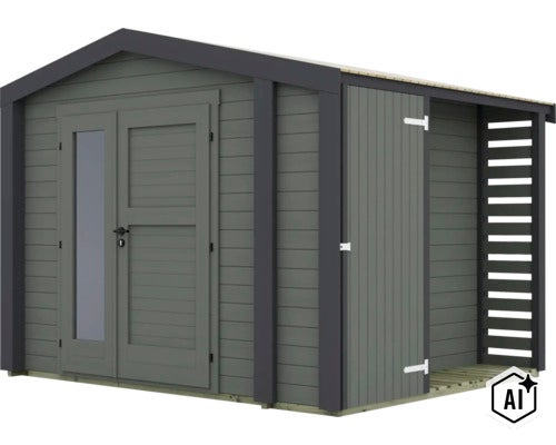 Abri de jardin moderne en bois avec doubles portes, insert en verre et appentis latéral intégré. (Image AI modified or generated)