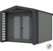 Abri de jardin moderne en bois avec toit à deux pans et double porte incluant des éléments latéraux à lamelles. (Image AI modified or generated)