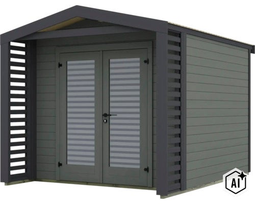 Abri de jardin moderne en bois avec toit à deux pans et double porte incluant des éléments latéraux à lamelles. (Image AI modified or generated)