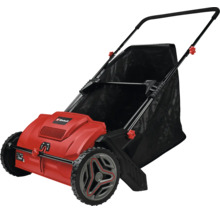 Scarificateur électrique Einhell rouge et noir avec sac de ramassage et roues.