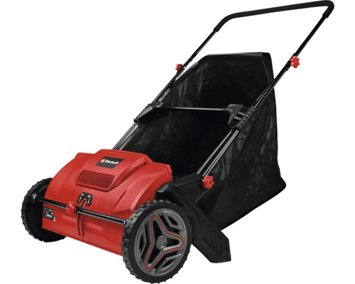 Scarificateur électrique Einhell rouge et noir avec sac de ramassage et roues.