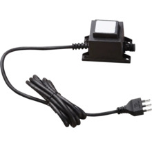 Schwarzer Transformator für Gartenbeleuchtung mit Anschlusskabel und Stecker.