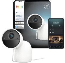 Caméra de surveillance filaire Philips Hue Secure 2K pour intérieur et extérieur avec emballage et contrôle par application smartphone.