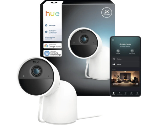 Caméra de surveillance filaire Philips Hue Secure 2K pour intérieur et extérieur avec emballage et contrôle par application smartphone.